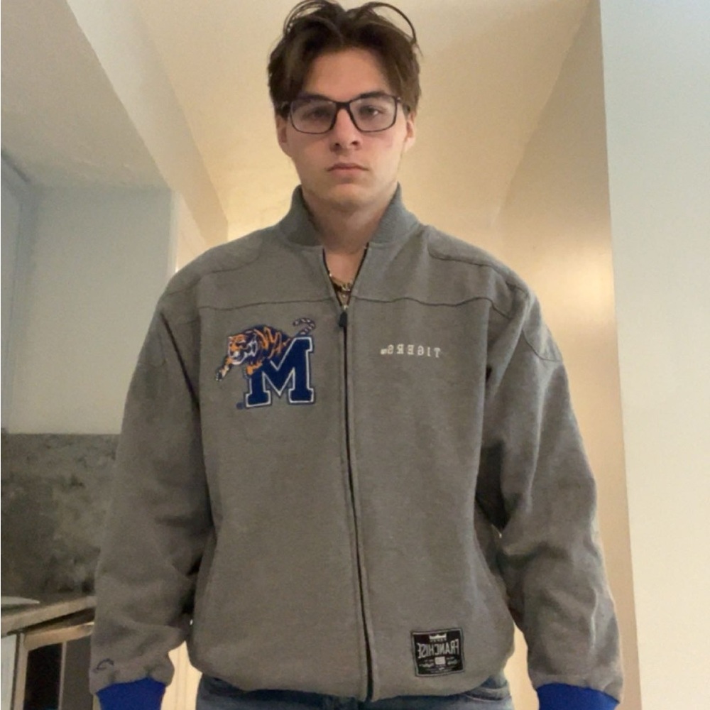 Starter Gray Varsity Jacket with Blue Accents